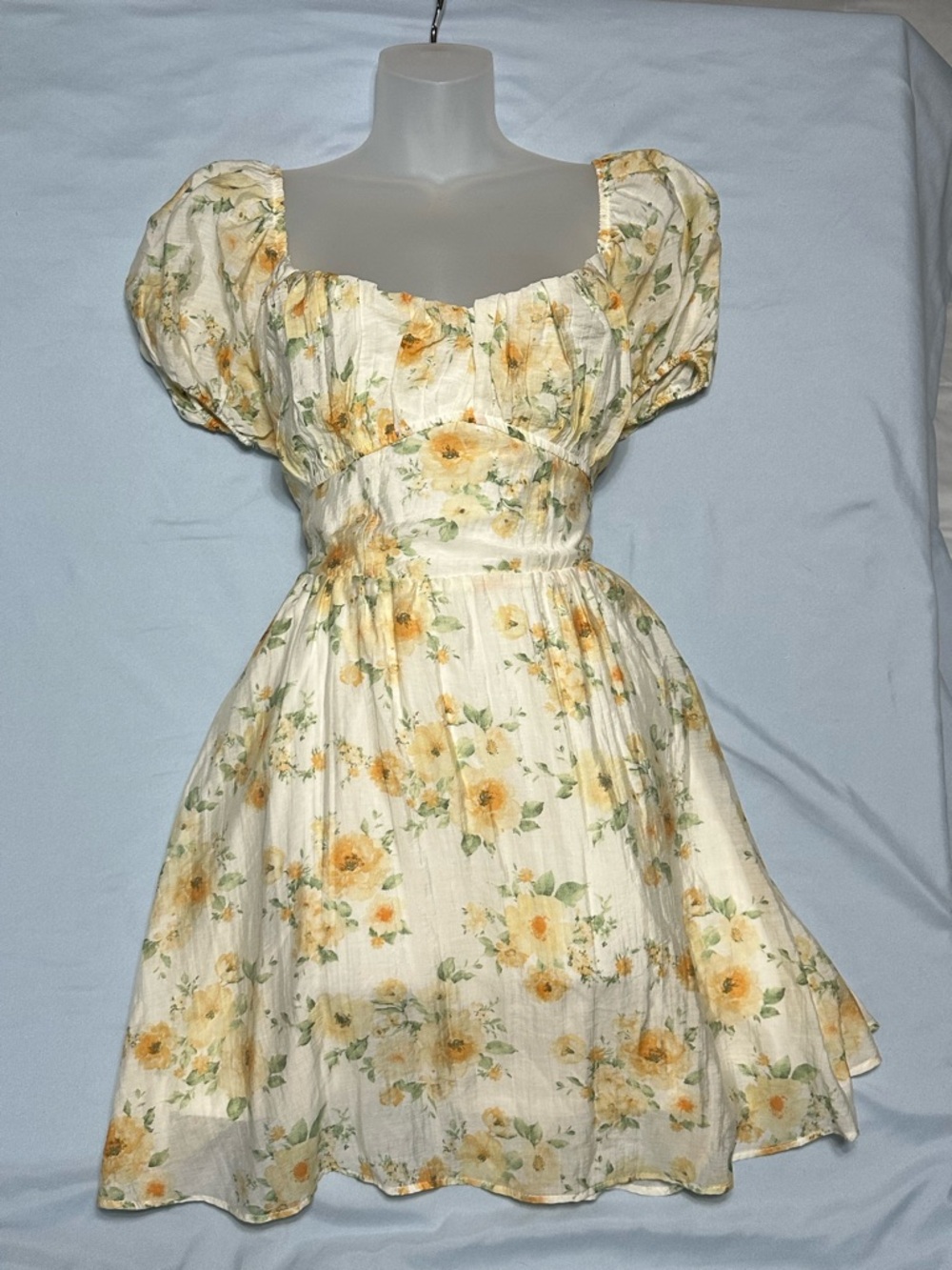 Blu Pepper Floral Puff Sleeve Fit & Flare Sundress Ivory Yellow Green XL